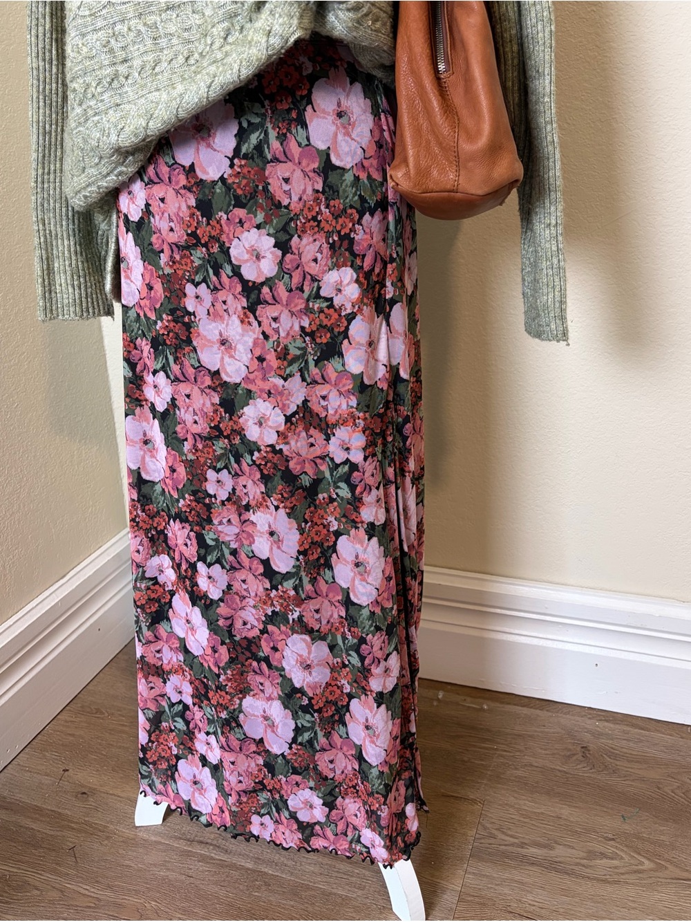 Arula Plus Size BlackPink Green Floral Mesh Slit stretch Midi Slip Boho Skirt